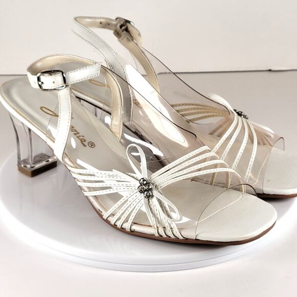 Annie White Slingback Sandals 6M Open Toe Clear Heel Strappy Bow Rhinestones - Picture 4 of 16